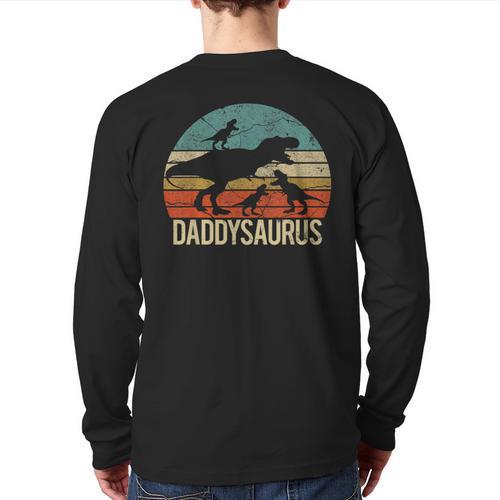 Daddy Dinosaur Daddysaurus 3 Three Kids Xmas Long Sleeve T-Shirt Back Print - Father's Day Fun