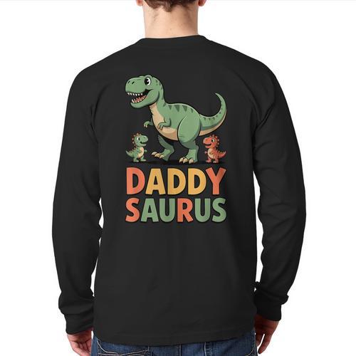 Daddy Saurus Dinosaur Dad Of Two Kids Dino Family Long Sleeve T-Shirt Back Print - Father's Day Fun