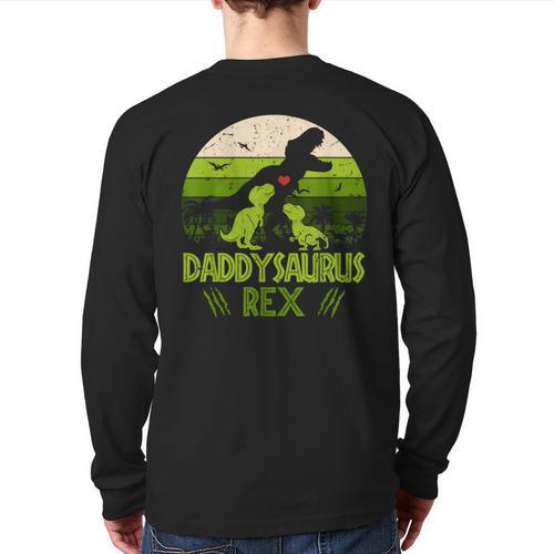 Daddysaurus Rex 2 Kids Sunset Tshirt For Fathers Day Long Sleeve T-Shirt Back Print - Father's Day Fun