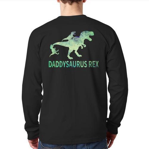 Daddysaurus T Rex Dinosaur Daddy Saurus Dad 2 Two Kids Dino Long Sleeve T-Shirt Back Print - Father's Day Fun
