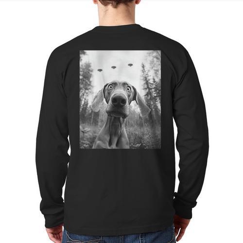 Dog Mom Dad Alien Selfie Weimaraner UFO For Men Women Long Sleeve T-Shirt Back Print - Father's Day Fun