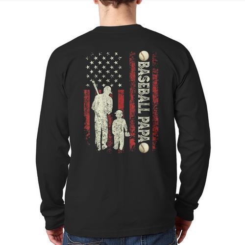 Father's Day Baseball Papa USA Flag Dad Men Baseball Long Sleeve T-Shirt Back Print - Father's Day Fun