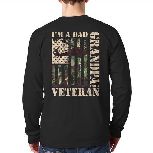 Grandpa Veteran Fathers Day Dad Veteran Camo American Flag Long Sleeve T-Shirt Back Print - Father's Day Fun