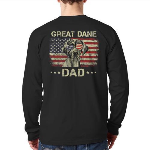 Great Dane Dad Dog Lovers American Flag 4th Of July Long Sleeve T-Shirt Back Print - Father's Day Fun