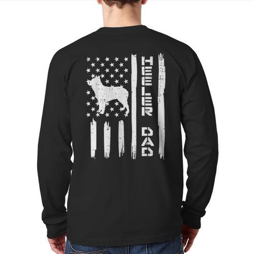 Heeler Dad Flag Vintage Blue Red Cattle Dog Patriot Men Long Sleeve T-Shirt Back Print - Father's Day Fun