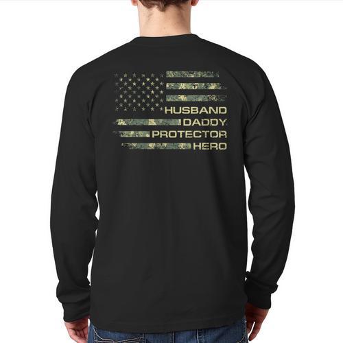 Husband Daddy Protector Hero Fathers Day Camo American Flag Long Sleeve T-Shirt Back Print - Father's Day Fun