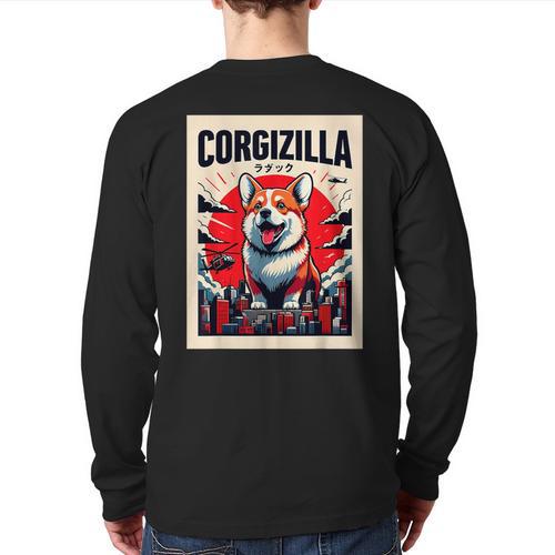 Japanese Art Corgi Dog Mom Dad Long Sleeve T-Shirt Back Print - Father's Day Fun
