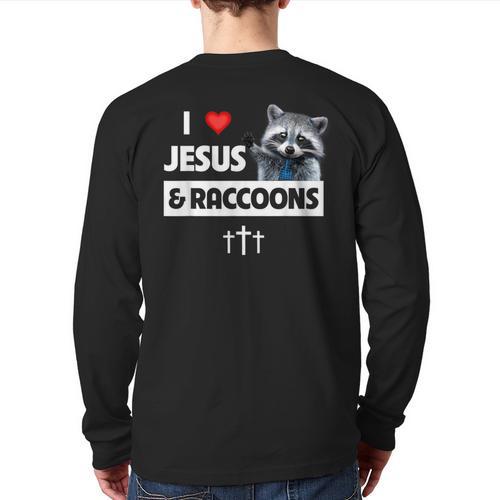 I Love Jesus And Raccoons Mom Dad Christian Love Jesus Bible Long Sleeve T-Shirt Back Print - Father's Day Fun