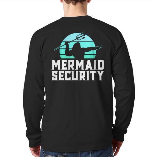 Mermaid Security Shirt Boys Swimmer Dad Merdad Trident Long Sleeve T-Shirt Back Print - Father's Day Fun