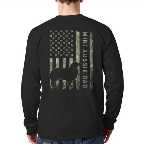 Mini Aussie Dad Australian Shepherd Dog Camo USA Flag Long Sleeve T-Shirt Back Print - Father's Day Fun