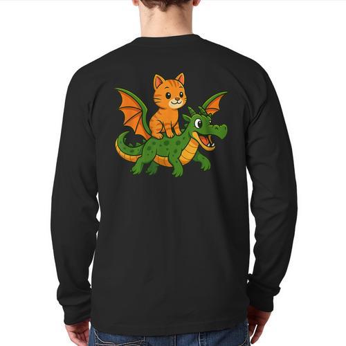 Orange Cat Dragon Riding Animal Lover Mom Dad Kids Long Sleeve T-Shirt Back Print - Father's Day Fun