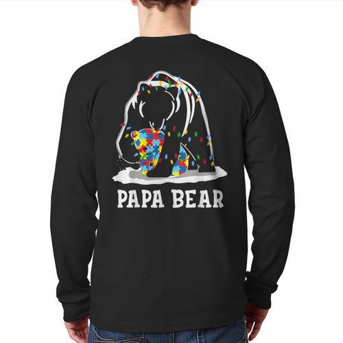 Papa Bear Autism Awareness Autism Matching Family Dad Long Sleeve T-Shirt Back Print - Father's Day Fun