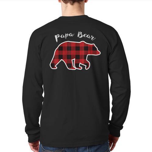 PAPA Bear Men Red Plaid Christmas Pajama Family Dad Small Long Sleeve T-Shirt Back Print - Father's Day Fun