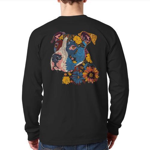 Pitbull Floral Dog Lover Vintage Flower Art Pitbull Mom Dad Long Sleeve T-Shirt Back Print - Father's Day Fun