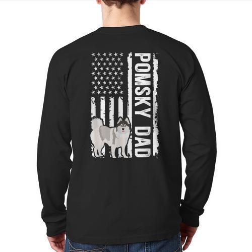 Pomsky Dad American Flag Pomsky Owner Pomsky Lover Long Sleeve T-Shirt Back Print - Father's Day Fun