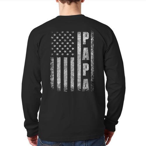 Proud Papa Fathers Day 2025 Dad America USA Flag Long Sleeve T-Shirt Back Print - Father's Day Fun