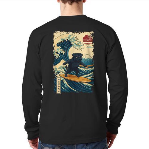 Pug Japanese Kanagawa Wave Surfing Japan Mom Dad Kids Long Sleeve T-Shirt Back Print - Father's Day Fun