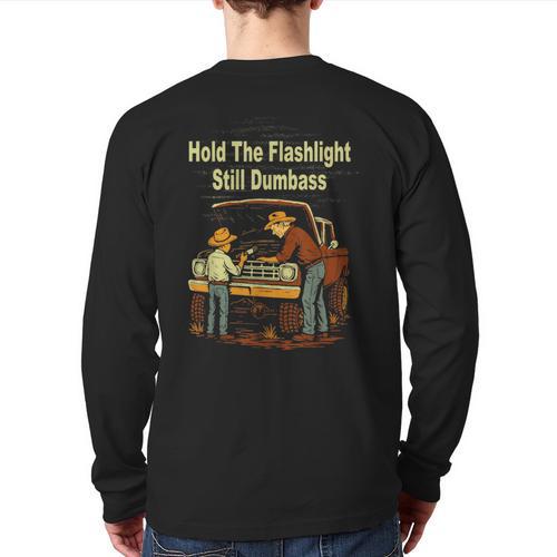 Retro Hold The Flashlight Still Dumbass Car Fixing Dad Son Long Sleeve T-Shirt Back Print - Father's Day Fun