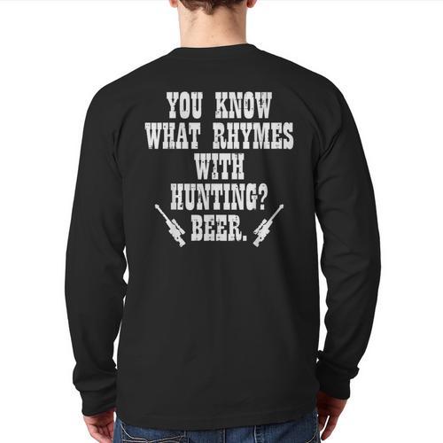 What Rhymes With Hunting Deer Hunter Dad Grandpa Men Long Sleeve T-Shirt Back Print - Father's Day Fun
