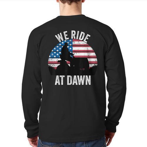 We Ride At Dawn Lawnmower Lawn Mowing Dad Vintage Men Long Sleeve T-Shirt Back Print - Father's Day Fun