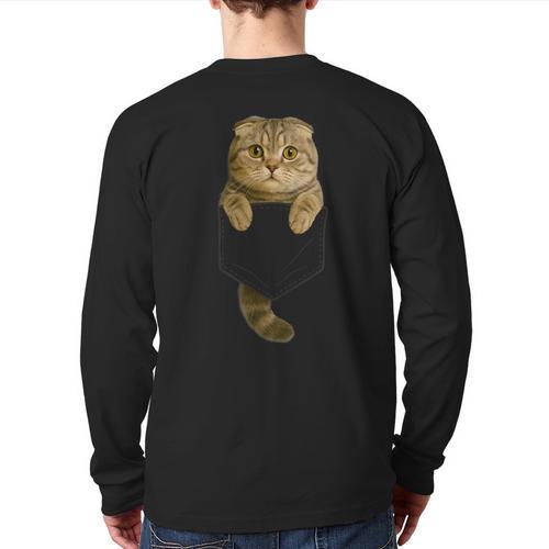 Scottish Fold Cat Pocket Cat Mom Cat Dad Cat Lover Long Sleeve T-Shirt Back Print - Father's Day Fun