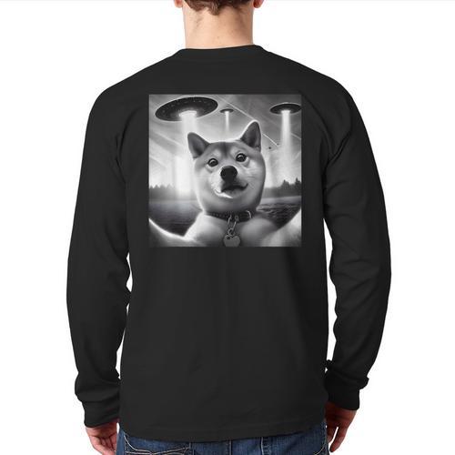 Shiba Inu Dog Dad Mom Graphic Selfie UFOs Weird Aliens Long Sleeve T-Shirt Back Print - Father's Day Fun