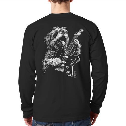 Shih Tzu Dog Playing Electric Guitar Rock Dog Dad Men Women Kids Long Sleeve T-Shirt Back Print - Father's Day Fun