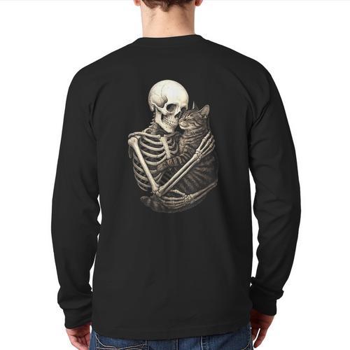 Skeleton Hugging Cat Halloween Cat Lover Cat Mom Dad Long Sleeve T-Shirt Back Print - Father's Day Fun