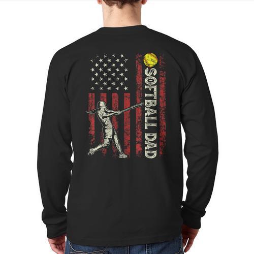 Softball Dad US Flag For Dad Men Patriotic Fathers Day Long Sleeve T-Shirt Back Print - Father's Day Fun