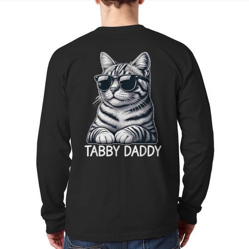 Tabby Daddy Cat Dad Graphic Grey Tabby Cat Lover Long Sleeve T-Shirt Back Print - Father's Day Fun