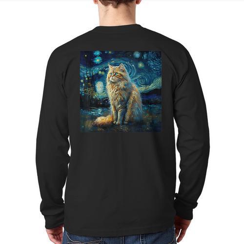 Van Gogh Starry Night Cat For Cat Lover Cat Mom And Cat Dad Long Sleeve T-Shirt Back Print - Father's Day Fun