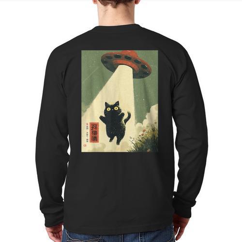 Vintage Japanese Cat Alien Cat Dad UFO Abduction Graphic Tee Long Sleeve T-Shirt Back Print - Father's Day Fun