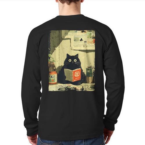 Vintage Japanese Cat Book Lovers Librarian Cat Dad Teacher Long Sleeve T-Shirt Back Print - Father's Day Fun