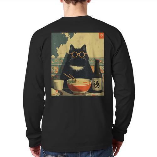 Vintage Japanese Cat Ramen Cat Dad Retro Graphic Women Long Sleeve T-Shirt Back Print - Father's Day Fun
