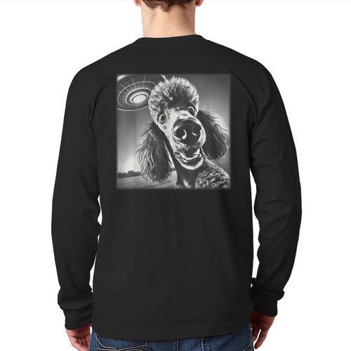 Vintage Poodle Selfie With UFO Alien Photobooth Dog Mom Dad Long Sleeve T-Shirt Back Print - Father's Day Fun