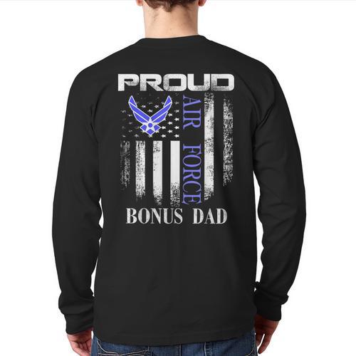 Vintage Proud Air Force Bonus Dad With American Flag Long Sleeve T-Shirt Back Print - Father's Day Fun