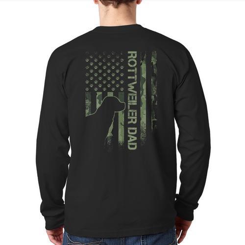 Vintage USA Camo Flag Proud Rottweiler Dad Rottie Silhouette Long Sleeve T-Shirt Back Print - Father's Day Fun