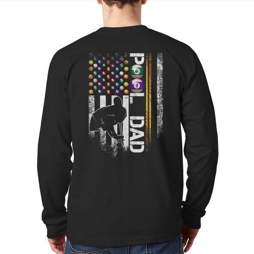 Vintage USA Flag Billiards Player Proud Pool Dad Long Sleeve T-Shirt Back Print - Father's Day Fun