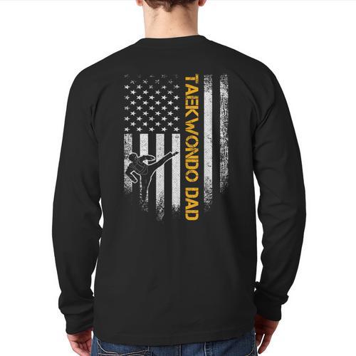 Vintage USA Flag Korea Taekwondo Training Dad Silhouette Long Sleeve T-Shirt Back Print - Father's Day Fun