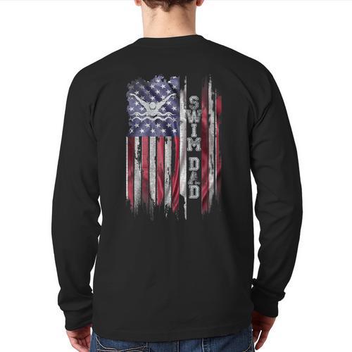 Vintage USA Flag Proud Swimming Dad Swim Swimmer Silhouette Long Sleeve T-Shirt Back Print - Father's Day Fun