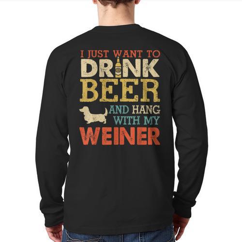 Weiner Dachshund Dad Drink Beer Hang With Dog Vintage Long Sleeve T-Shirt Back Print - Father's Day Fun