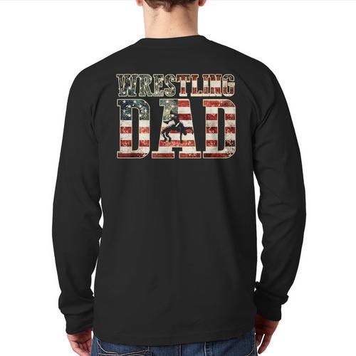 Wrestling Dad American Flag Matching For Dads Of Wrestlers Long Sleeve T-Shirt Back Print - Father's Day Fun