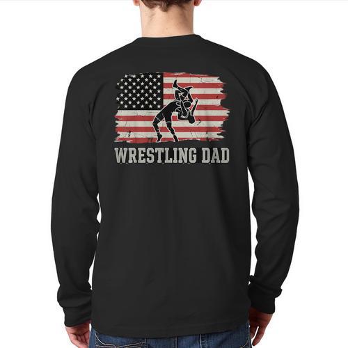 Wrestling Dad US Flag Fathers Day Retro Wrestling Fans Long Sleeve T-Shirt Back Print - Father's Day Fun