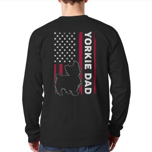 Yorkie Dog Vintage US American Flag Yorkie Dad Fathers Day Long Sleeve T-Shirt Back Print - Father's Day Fun