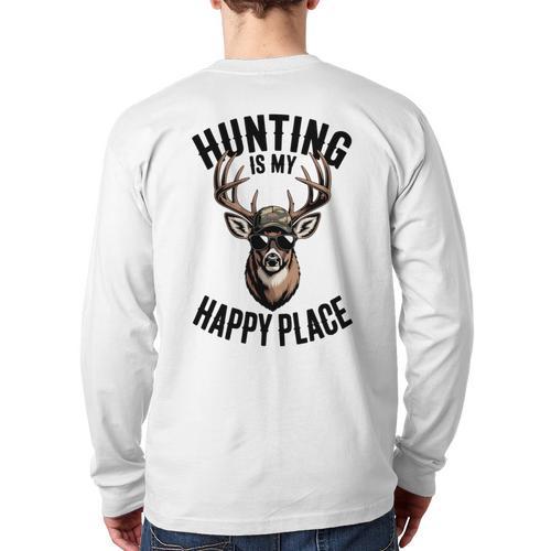 Camo Deer Hunting Is My Happy Place Dad Hunter Long Sleeve T-Shirt Back Print - Father's Day Fun