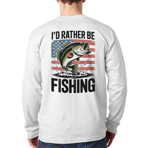 I'd Rather Be Fishing Bass Fish Dad Joke American Flag Long Sleeve T-Shirt Back Print - Father's Day Fun