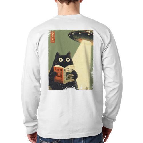 Vintage Japanese Cat Book Lovers UFO Alien Abduction Cat Dad Long Sleeve T-Shirt Back Print - Father's Day Fun