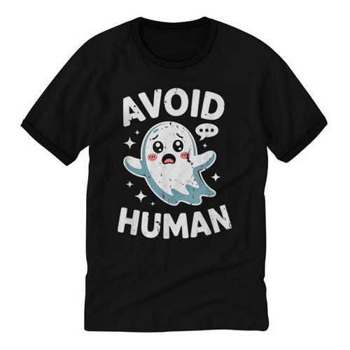 Avoid Humans Cute Kawaii Pastel Ghost Introvert Saying Unisex Cotton Ringer T-Shirt - Raresse