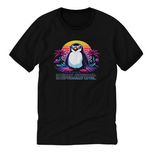 Awkward But Loyal Penguin Synthwave Vapowave Introvert Unisex Cotton Ringer T-Shirt - Raresse