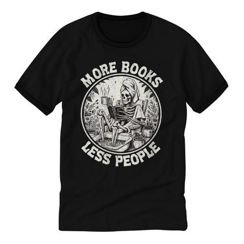 More Books Less People Introvert Skeleton Reading Unisex Cotton Ringer T-Shirt - Raresse